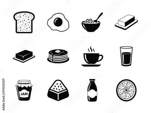 Breakfast Icons Set Toast, Fried Egg, Cereal, Butter, Jam, Pancakes, Coffee, Milk, Juice