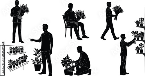 Silhouettes of people with flowers and plants, walking, sitting, pointing, gardening, bouquet and potted plant posture illustration