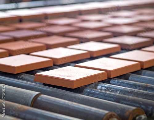 Rows of terracotta tiles on a conveyor belt