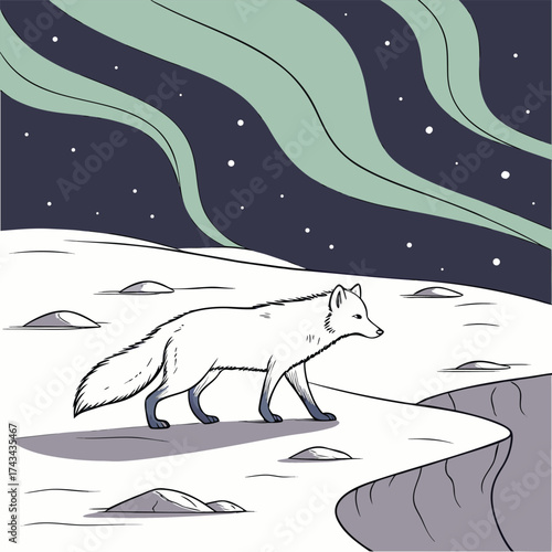 An arctic fox gracefully walks across a vast snowy tundra landscape under the soft glow of the aurora borealis