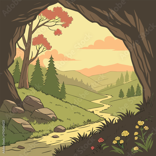 A breathtaking view from a cave opening looking out onto a vibrant lush green valley with rolling hills and a clear sky symbolizing discovery and natural beauty