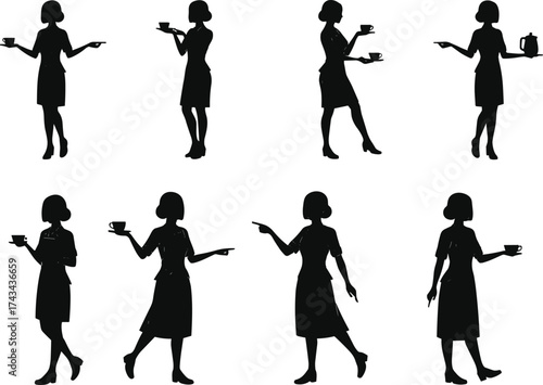 Woman silhouettes with teacup, saucer, teapot, pointing, serving, standing poses, hospitality and tea ceremony gesture illustration