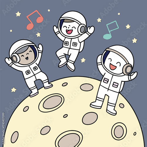 Joyful astronauts in retro space suits dance energetically on the surface of the moon with stars and planets visible in the background creating a fun and whimsical cosmic celebration