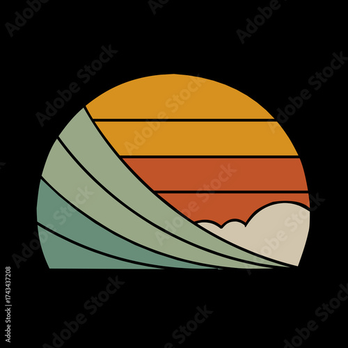 Retro Sunset Over Waves: Abstract Circular Coastal Scene With Layered Ocean Swell