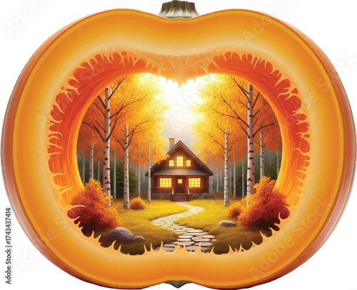 Cozy Fall Retreat: Forest Home Framed by Orange Pumpkin Walls