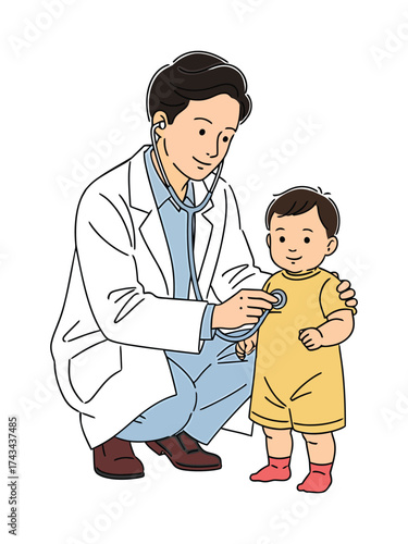 Pediatrician examining a young child with a stethoscope, illustration