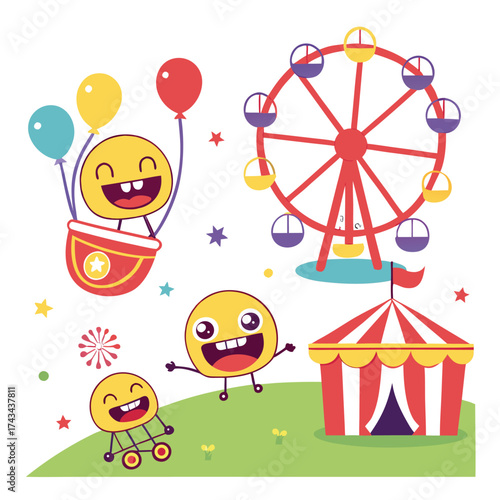 Vibrant carnival scene featuring spinning amusement park rides and colorful prize booths perfect for festive event promotions and entertainment themes