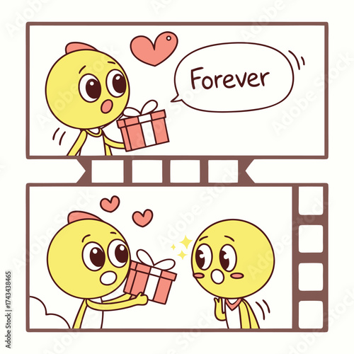 Charming emoji comic strip visually narrates a sweet and simple love story perfect for romantic themes and digital storytelling