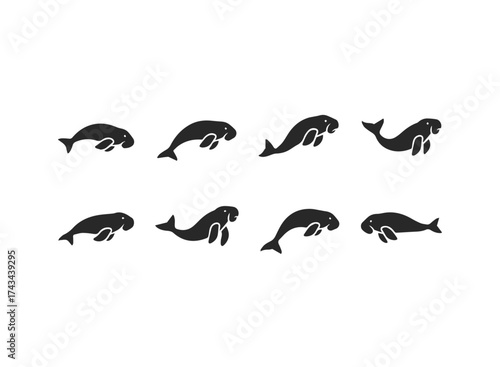 Set of Black Silhouette Manatee Icons.