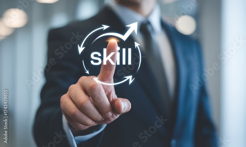 Businessman touching virtual skill interface with circular arrows, ideal for illustrating career growth, professional development, and corporate training concepts