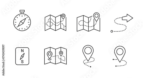 Collection of Map Icons and Navigation Tools Including Compasses and Pins for Location Tracking and Exploration