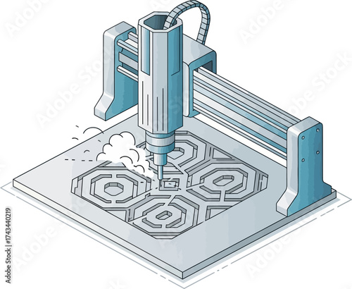 An isometric illustration of a CNC machine precisely cutting an intricate geometric pattern into a flat sheet of material.