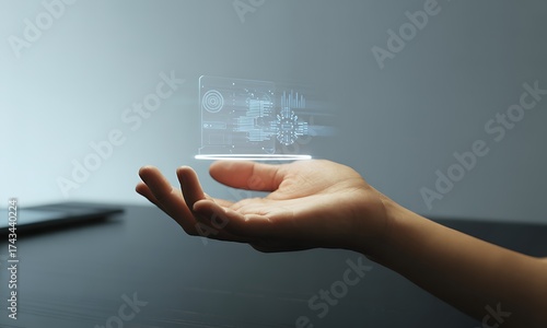 Human hand projecting futuristic holographic interface with digital circuit graphics, ideal for illustrating innovation, augmented reality and advanced technology concepts