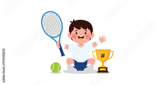 A happy young boy celebrating his tennis victory with a trophy and racket.