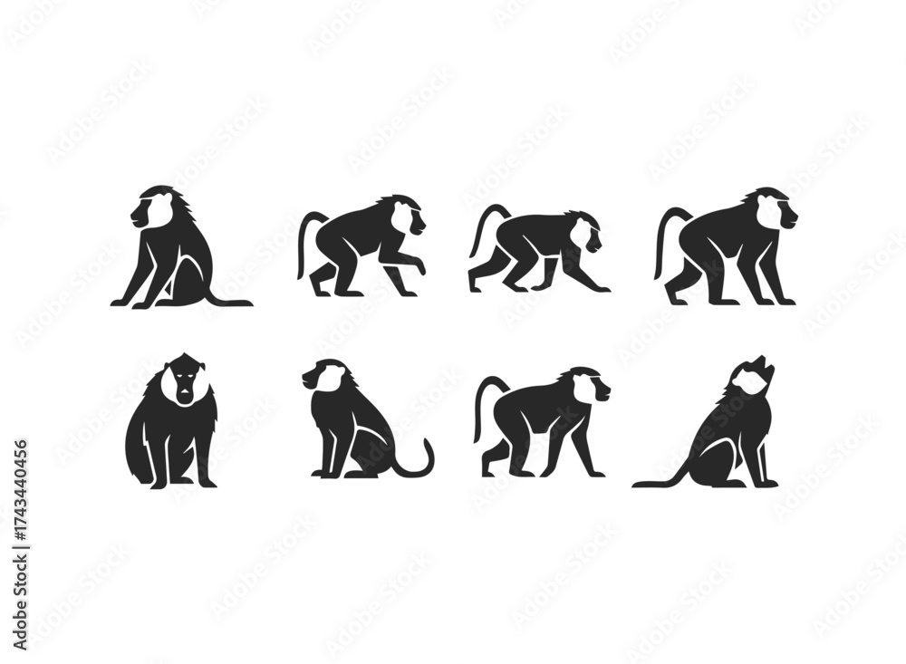Obraz premium Set of Stylized Baboon Silhouettes in Various Poses.