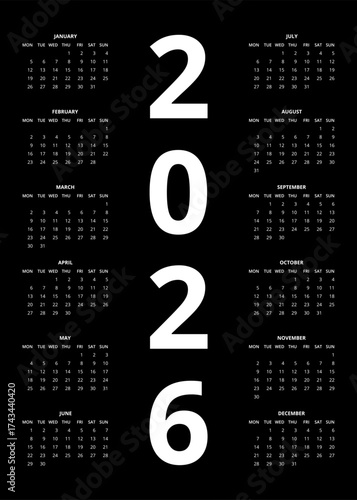 2026 Calendar template. Calendar 2026 - 12 months yearly calendar - planner calendar. Monthly calendar. Vector illustration for print, web, mobile app on black background