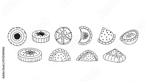 Assorted hand-drawn pastries and cakes with detailed textures and fillings isolated vector
