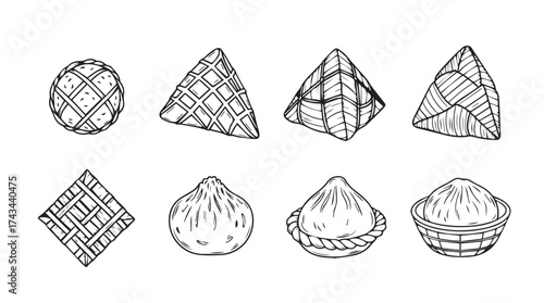 Hand drawn food collection diverse shapes dumplings pastries geometric sketch style vector