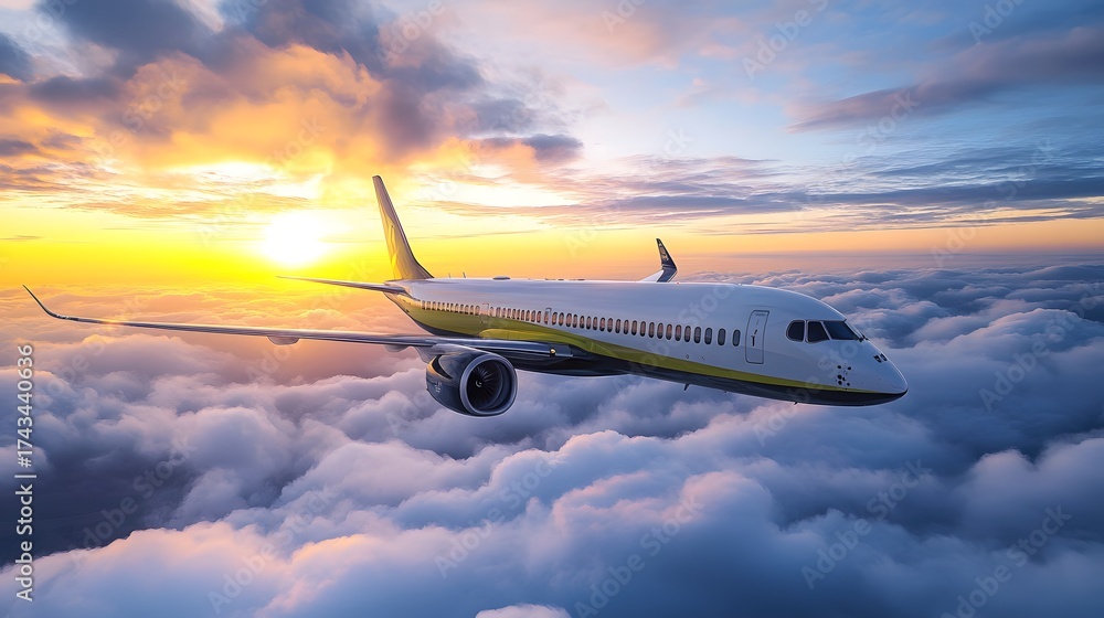 Fototapeta premium An airplane soars through a colorful sunset sky, surrounded by fluffy clouds.