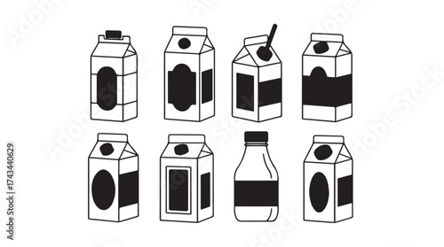 Collection of cartoonish milk cartons and bottles with blue labels hand drawn style vector