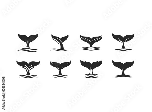 Whale Tail Icons Set Ocean Wave Silhouettes.
