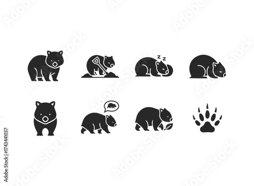 Wombat Icon Set Diverse Actions and Features.
