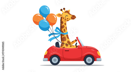A happy giraffe drives a red car with balloons on a sunny day.