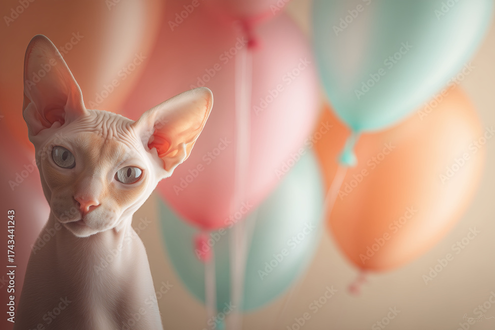 Fototapeta premium Sphynx cat with calm expression poses against colorful floating balloons in cheerful setting