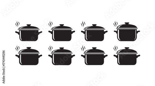 Collection of black cooking pots steaming and ready for delicious meal preparation vector