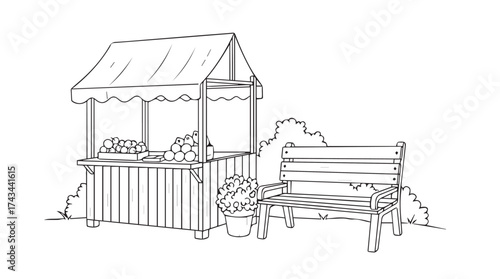 Hand drawn sketch of a charming market stall and park bench amidst nature vector