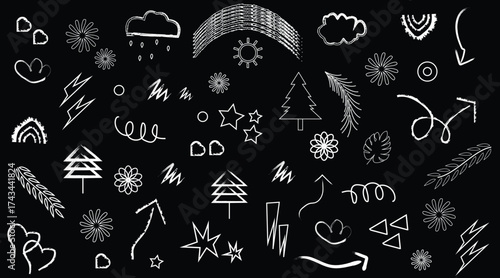 hand drawn doodle elements, sketch line art collection, abstract white doodle shapes