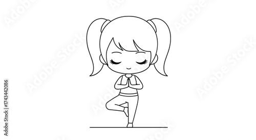 A young girl with pigtails practices tree pose in a minimalist line drawing.