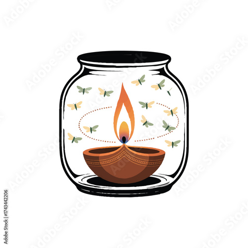 Vector art of diya lamp with fireflies in a jar a symbol of hope, light, and the beauty of nature