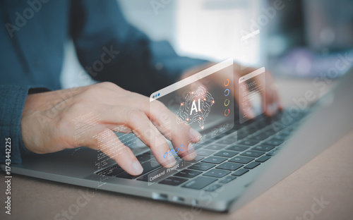 A developer typing on a laptop, using a command prompt to interact with a generative Artificial Intelligence (AI) for coding, software development, and engaging with a smart chatbot assistant.