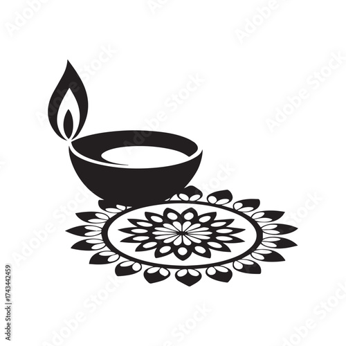 Vector art of elegant diya lamp with intricate rangoli design, symbolizing diwali celebrations and the triumph of light over darkness