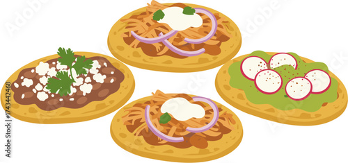 Colorful Flat Illustration of Four Varied Tostada Toppings Cuisine Delights