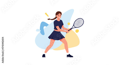Young female athlete playing tennis with racket and ball on court