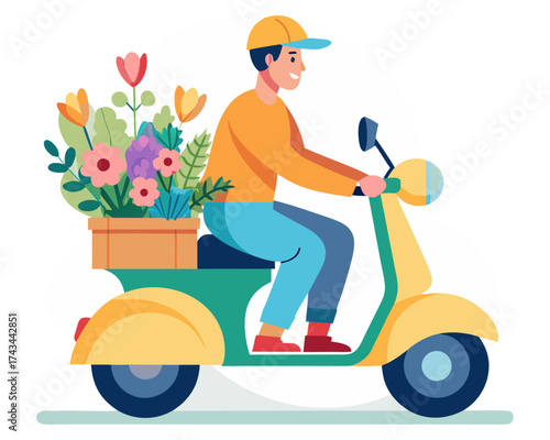 Delivery man riding a scooter illustration.