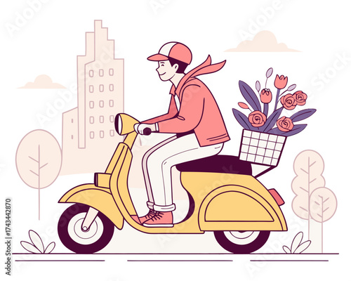 Man riding a scooter cartoon illustration.