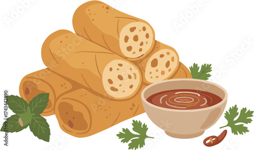 Flat Design Delicious Spring Roll with Dipping Sauce and Garnish Illustration