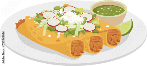 Flat Illustration Detailed Chicken Enchilada on Plate with Toppings Food