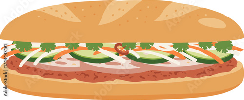 Flat Design Fresh and Tasty Banh Mi Sandwich Vietnamese Food Illustration