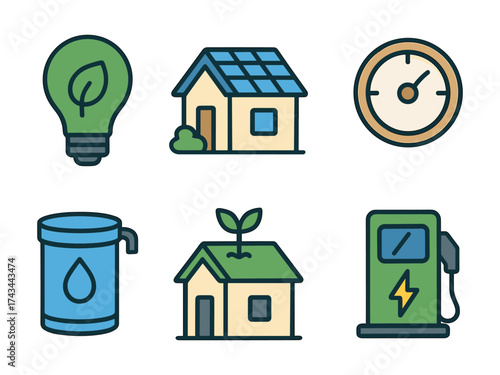 Eco home icons set ,green bulb, solar house, smart meter, water tank, roof garden