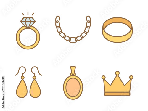 Jewelry icons set ,diamond ring, gold necklace, wedding band, drop earrings, pendant locket