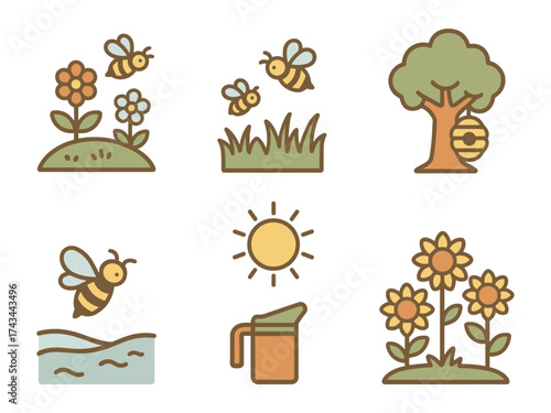 Nature and bees icons set ,honey bee, flower meadow, flying bee, tree hive, sunny day