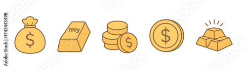 Money and  finance icons set – money bag, gold bar, coin stack, dollar coin, gold bullion