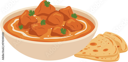 Flat Style Illustration of Chicken Tikka Masala Bowl with Naan Bread