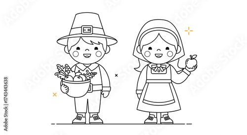 Cute cartoon pilgrim children holding harvest bounty and apple for Thanksgiving celebration.