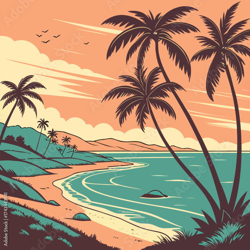 Dramatic coastal cliff face with powerful ocean waves crashing against the rocky shore rendered in a vibrant vector illustration style