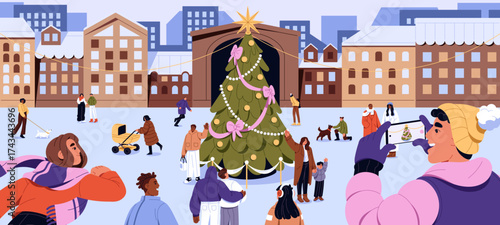 People walk on snow city square with Christmas tree. Person takes photo of decorated Xmas firtree. Happy families with kids and dog stroll together on winter holidays. Flat vector illustration